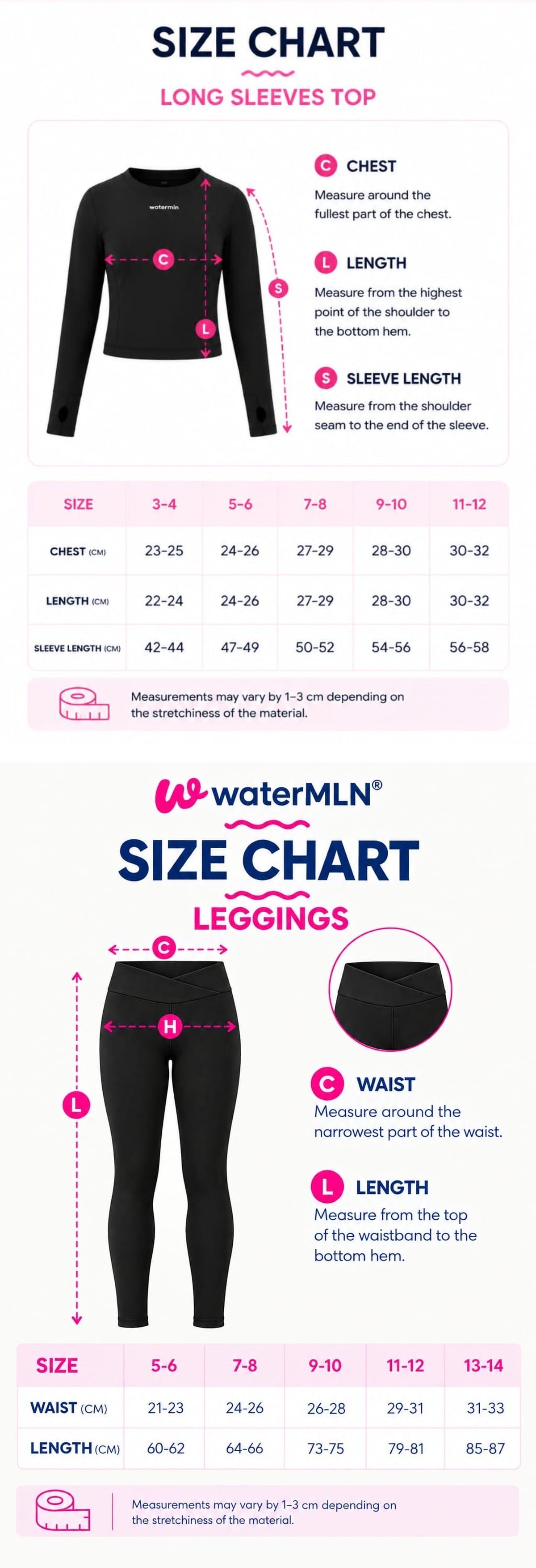 Size chart for Dark Cocoa Flow set