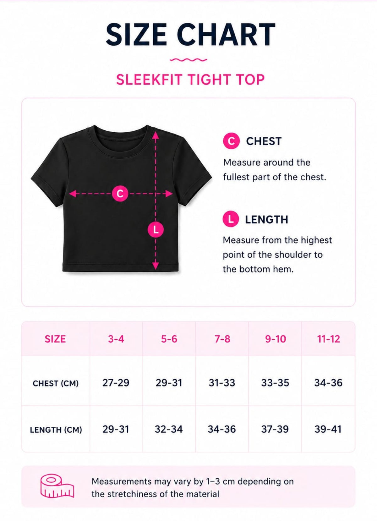 Size chart for Sleekfit tight Top